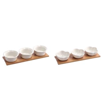Set 3 ciotole in porcellana bianca con vassoio in bamboo 32x10,5 cm