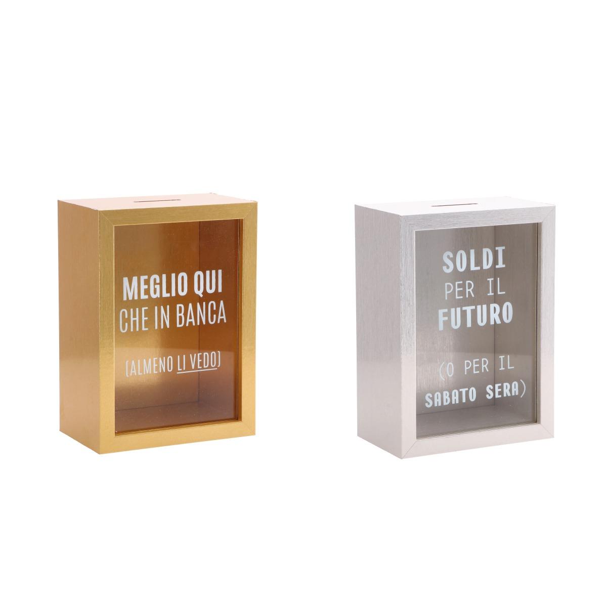 Salvadanaio in mdf e vetro scritte divertenti 13x8x h.16 cm