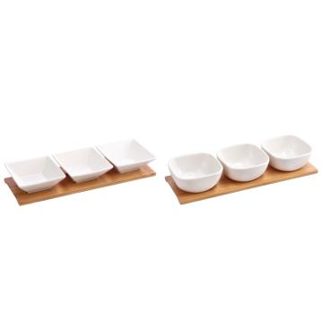 Set 3 ciotole in porcellana bianca con vassoio in bamboo 32x10,5 cm