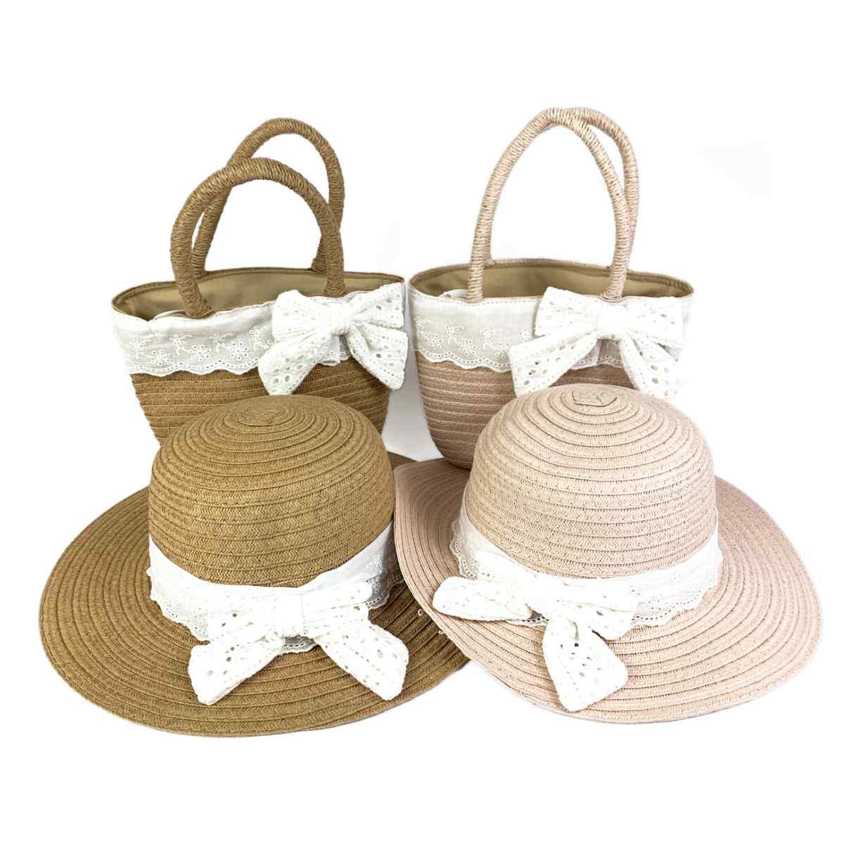 Set bimba cappello e borsetta in paglia e tessuto sangallo Le Kikke