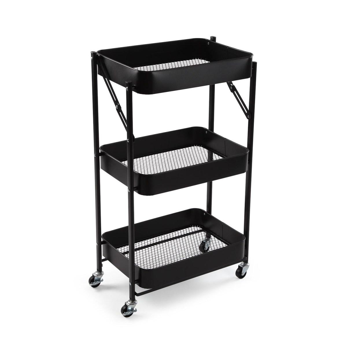 Carrello pieghevole portatutto in metallo 3 ripiani nero