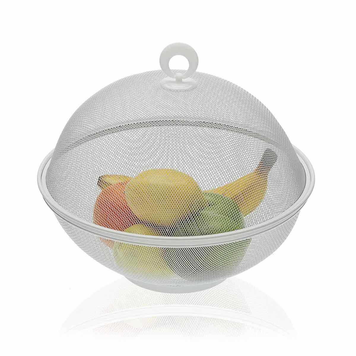 Cesto portafrutta in metallo con coperchio anti insetti bianco