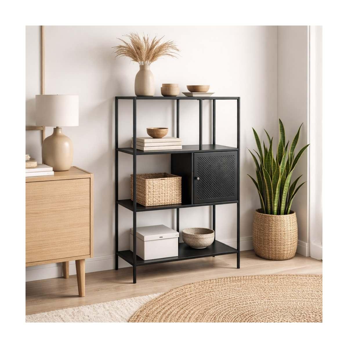 Scaffale in metallo 4 ripiani e cassetto nero