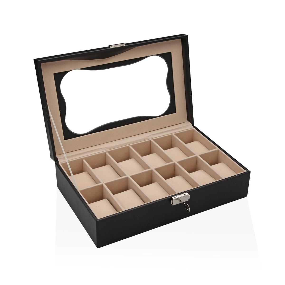 Scatola portaorologi in mdf nero 12 posti con finestra