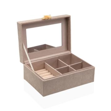 Scatola portagioie rettangolare in velluto beige con specchio