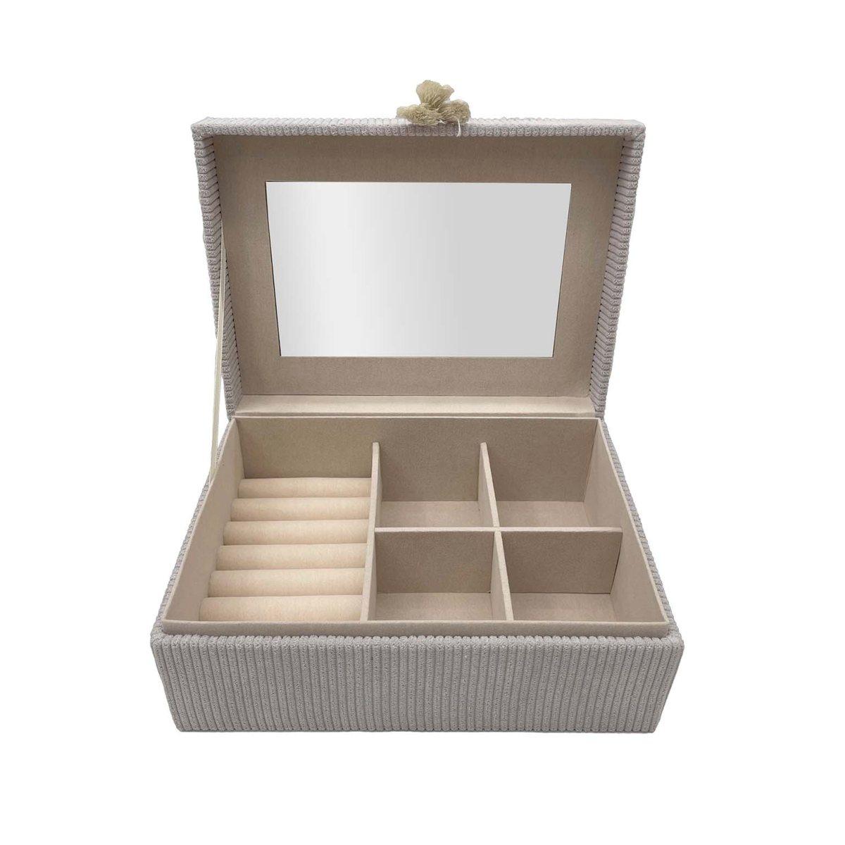 Scatola portagioie rettangolare in velluto grigio con specchio