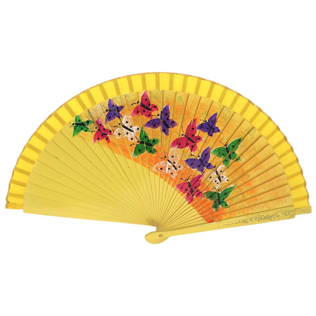 Ventaglio in legno dipinto a mano con decorazione farfalle colori assortiti d.43 cm