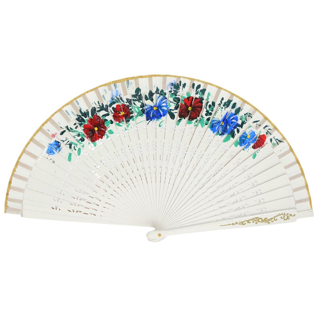 Ventaglio in legno dipinto a mano decorazione floreale colori assortiti d.43 cm