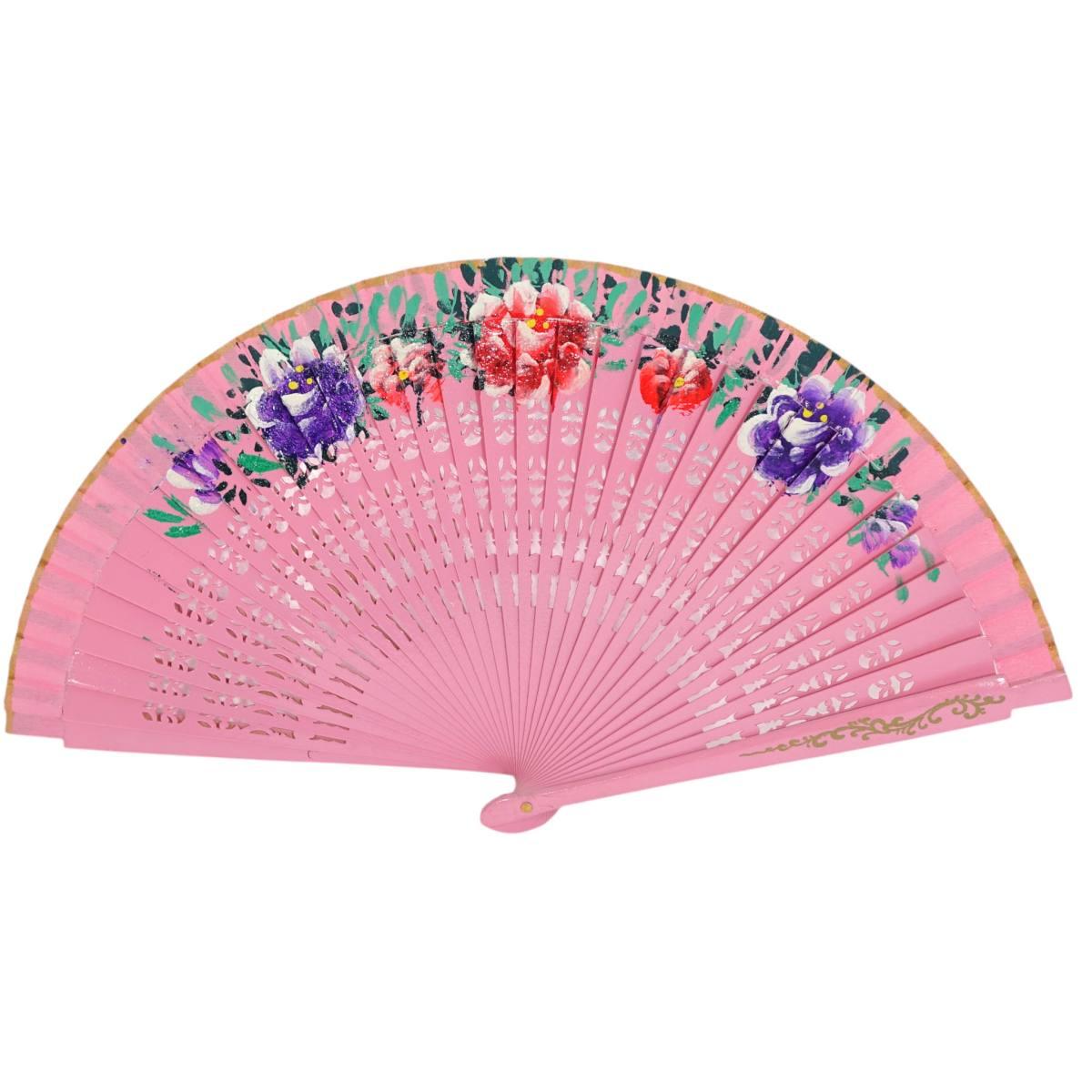 Ventaglio in legno dipinto a mano decorazione floreale colori assortiti d.43 cm