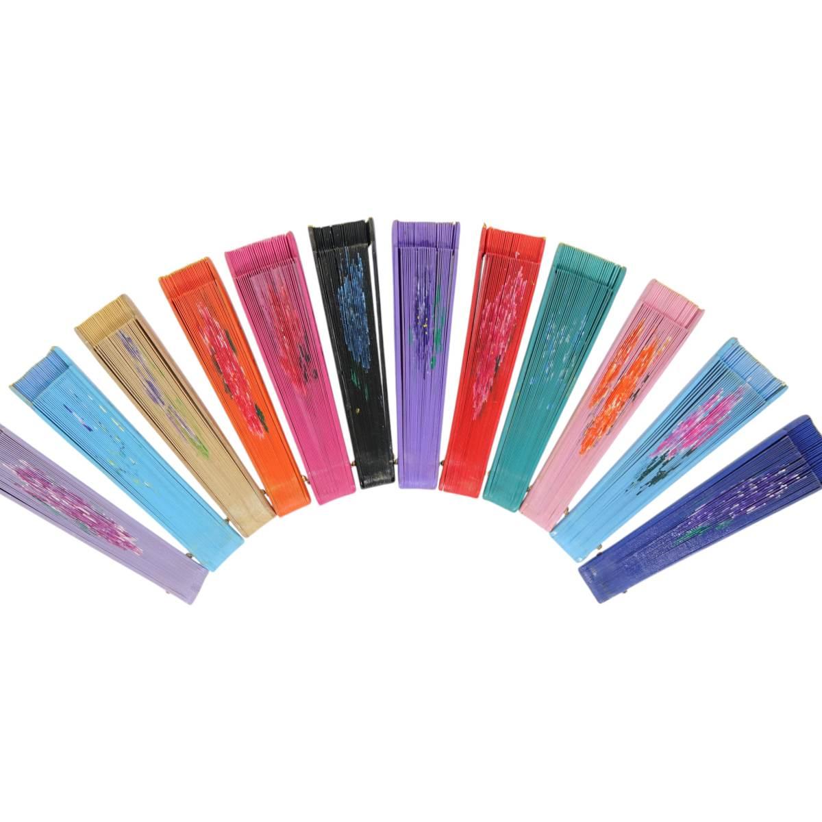 Ventaglio in legno dipinto a mano decorazione floreale colori assortiti d.34 cm