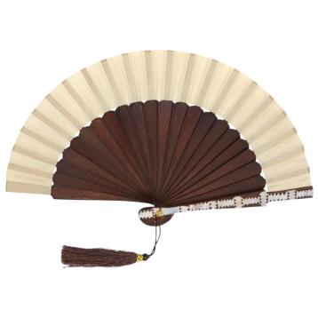 Ventaglio bicolore marrone e beige con dettaglio laterale e nappina decorativa d.27 cm