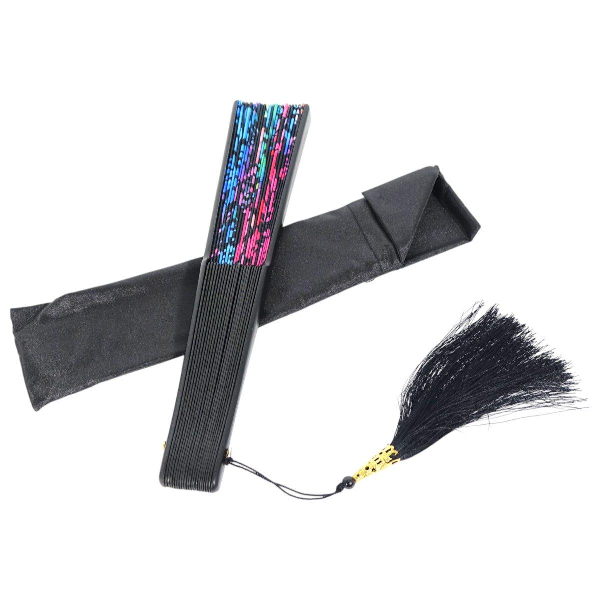 Ventaglio nero con stampa floreale colorata e nappina decorativa d.34 cm