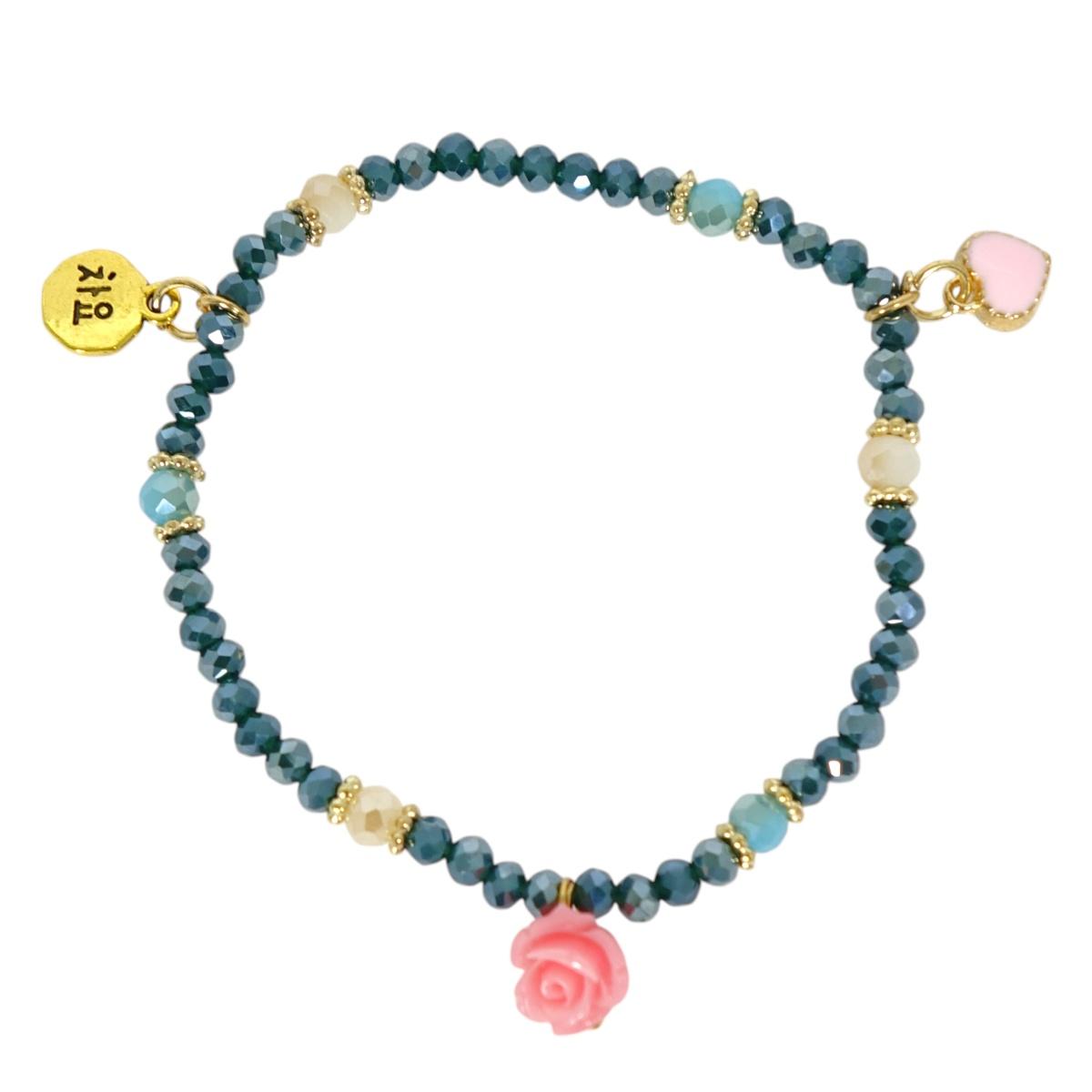 Bracciale donna con pietre in vetro ottanio medio con rosa