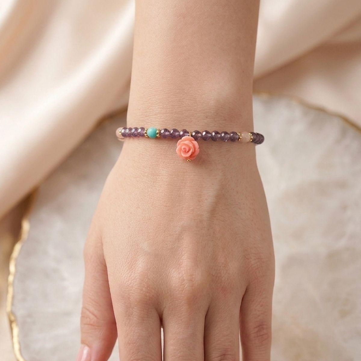 Bracciale donna con pietre in vetro ametista con rosa