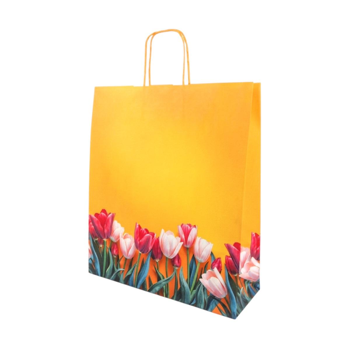 Shopper in carta l.45 x p.15 x h.49 cm fantasia tulipani con maniglia ritorta