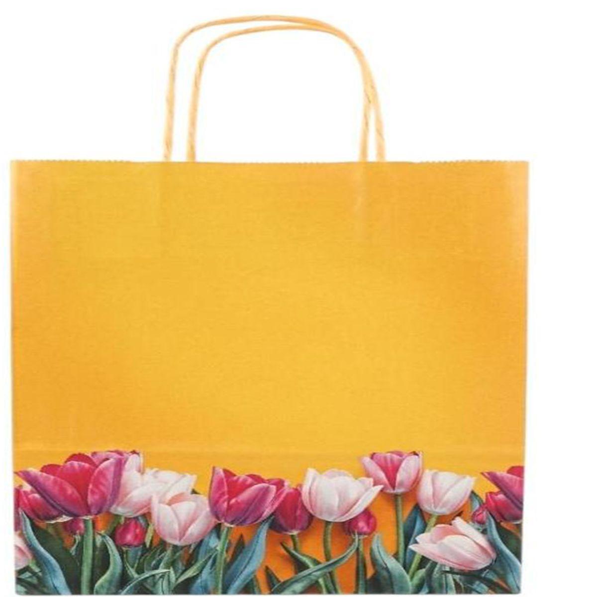 Shopper in carta h.49 x l.45 x p.15 cm fantasia tulipani con maniglia ritorta