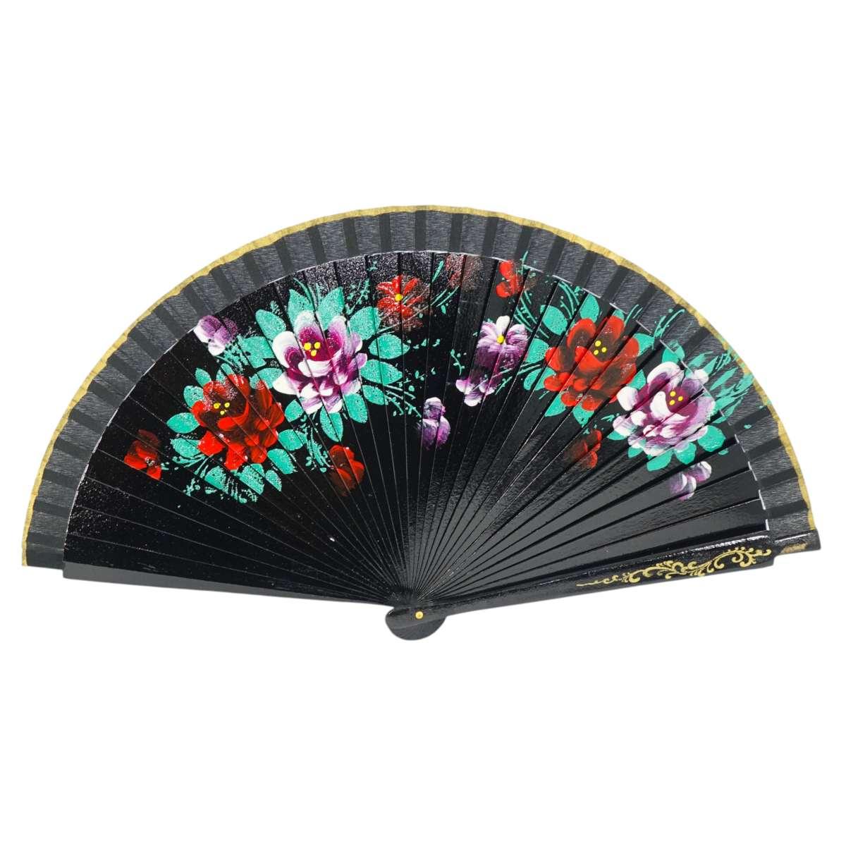 Ventaglio in legno dipinto a mano decorazione floreale colori assortiti d.42 cm