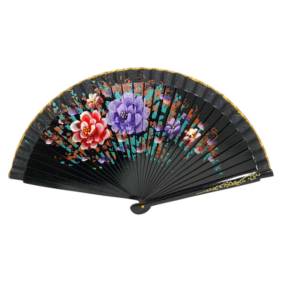 Ventaglio in legno dipinto a mano decorazione floreale colori assortiti d.42 cm