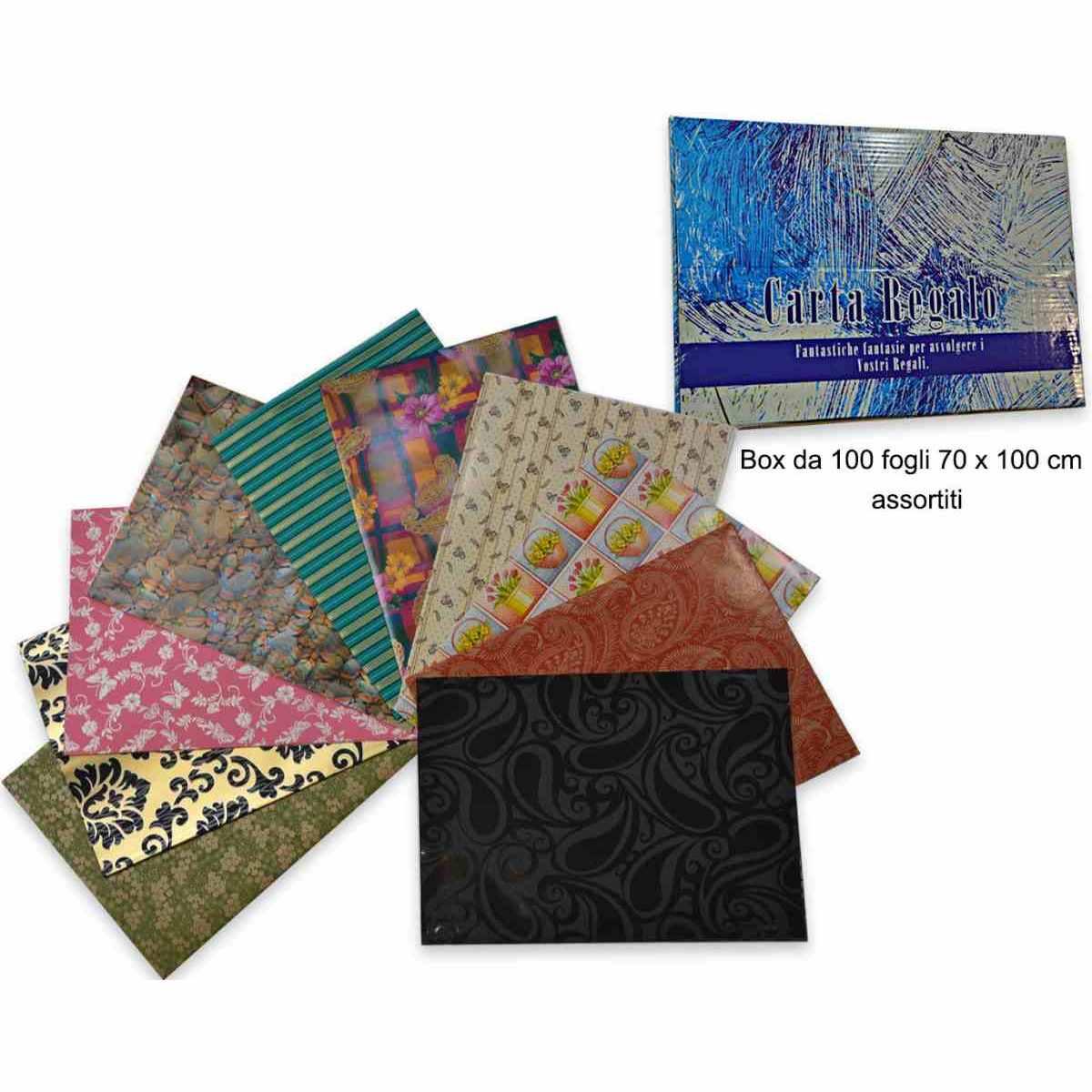 Confezione 100 Fogli carta da regalo fantasia assortita generica 70x100 cm