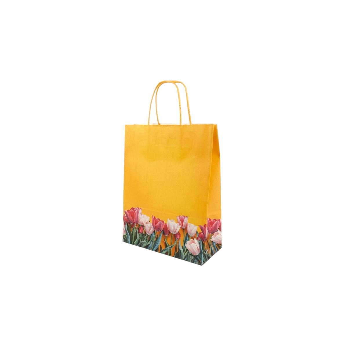 Shopper in carta h.29 x l.22 x p.10 cm fantasia tulipani con maniglia ritorta