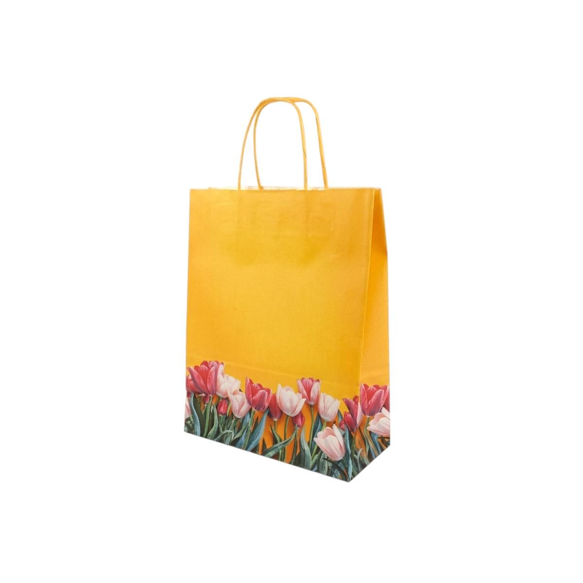 Shopper in carta h.37 x l.27 x p.12 cm fantasia tulipani con maniglia ritorta