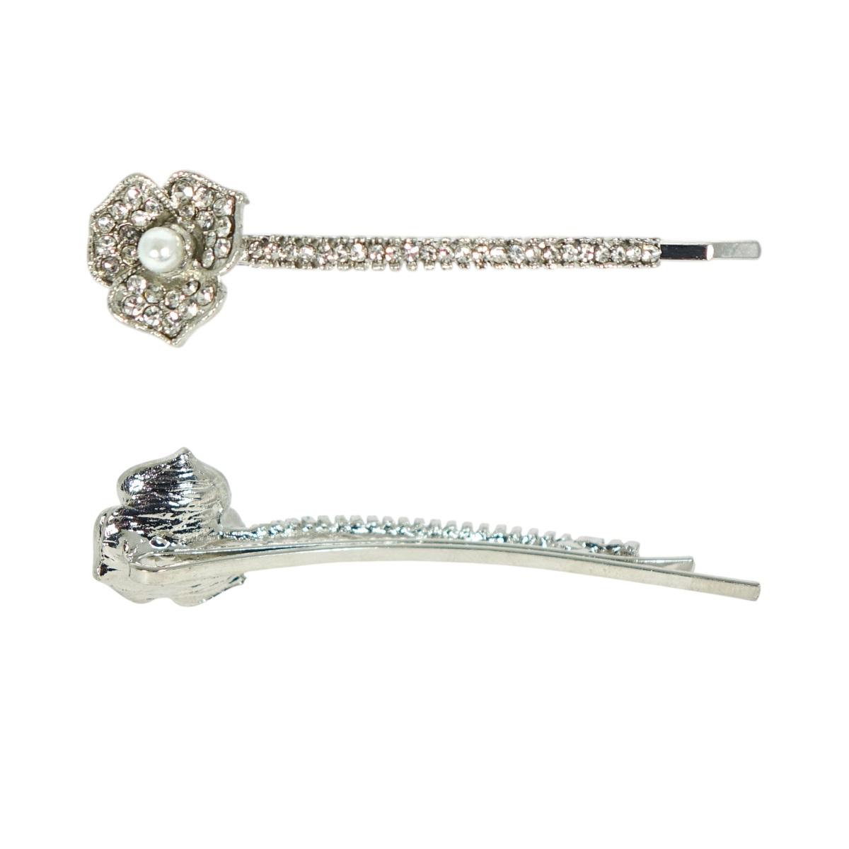 Forcina per capelli filo strass con fiore e perla