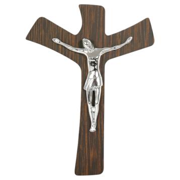 Cristo crocifisso stilizzato argento su croce in legno wengè 19x32 cm