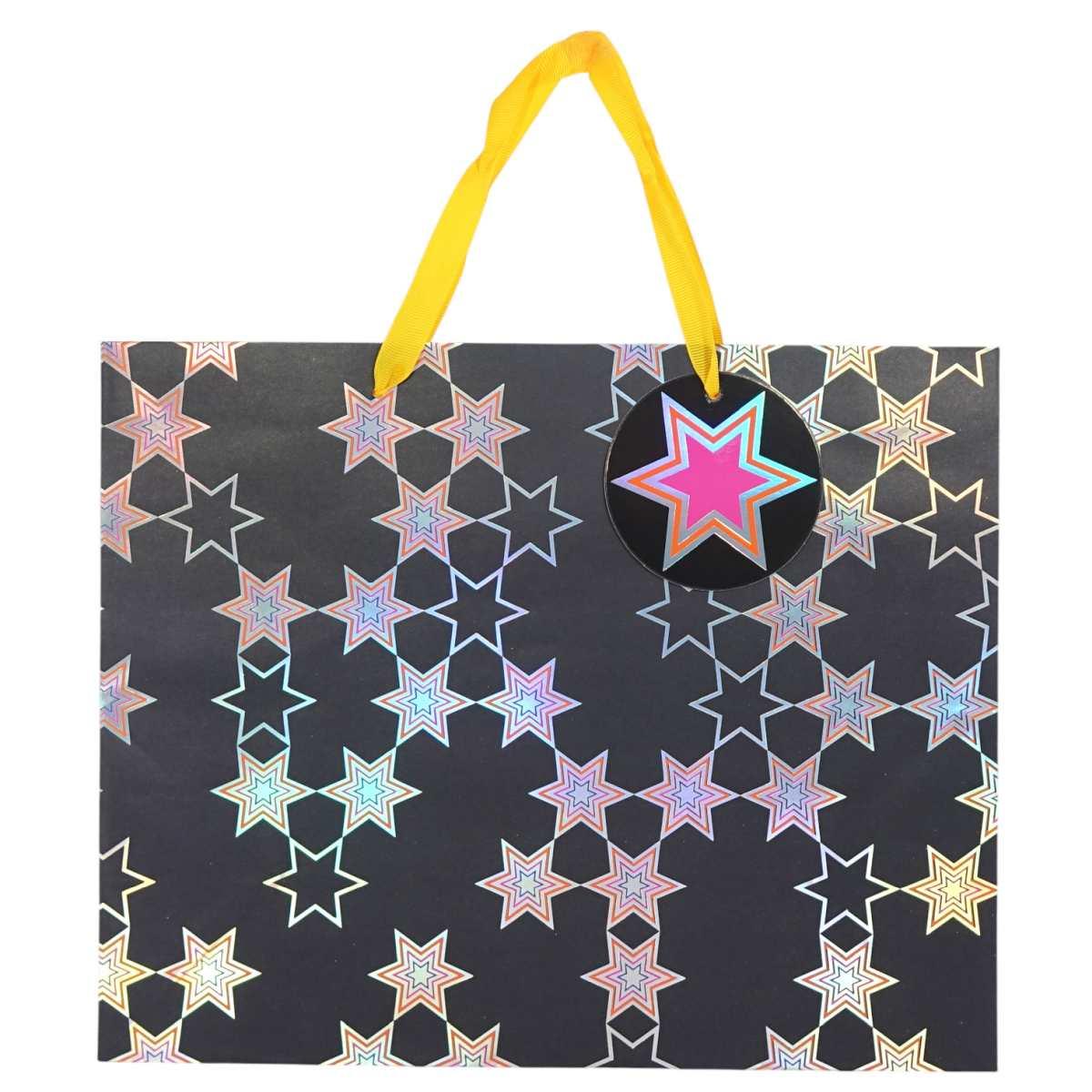 Busta regalo in carta fantasia stelle olografiche 26x32,5x13 cm