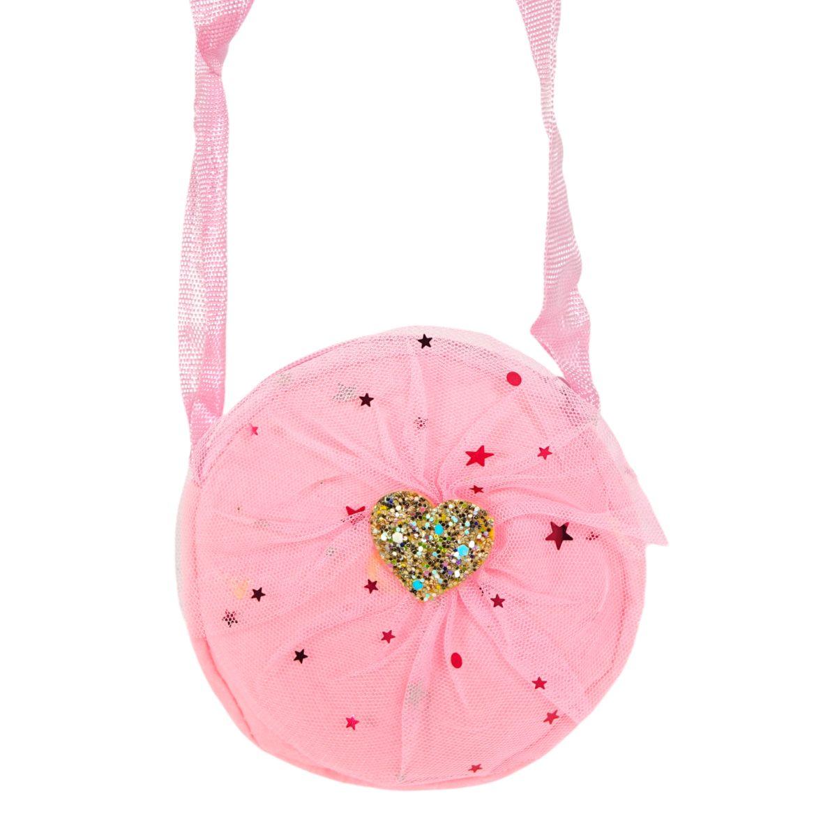 Mini borsetta bimba tracolla con tulle e cuore glitter d.12 cm Le Kikke