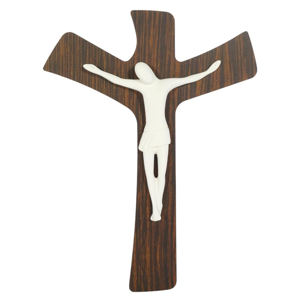 Cristo crocifisso stilizzato bianco su croce in legno weng 19x32 cm