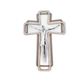 Cristo crocifisso stilizzato argento su croce legno 33x46 cm femiano