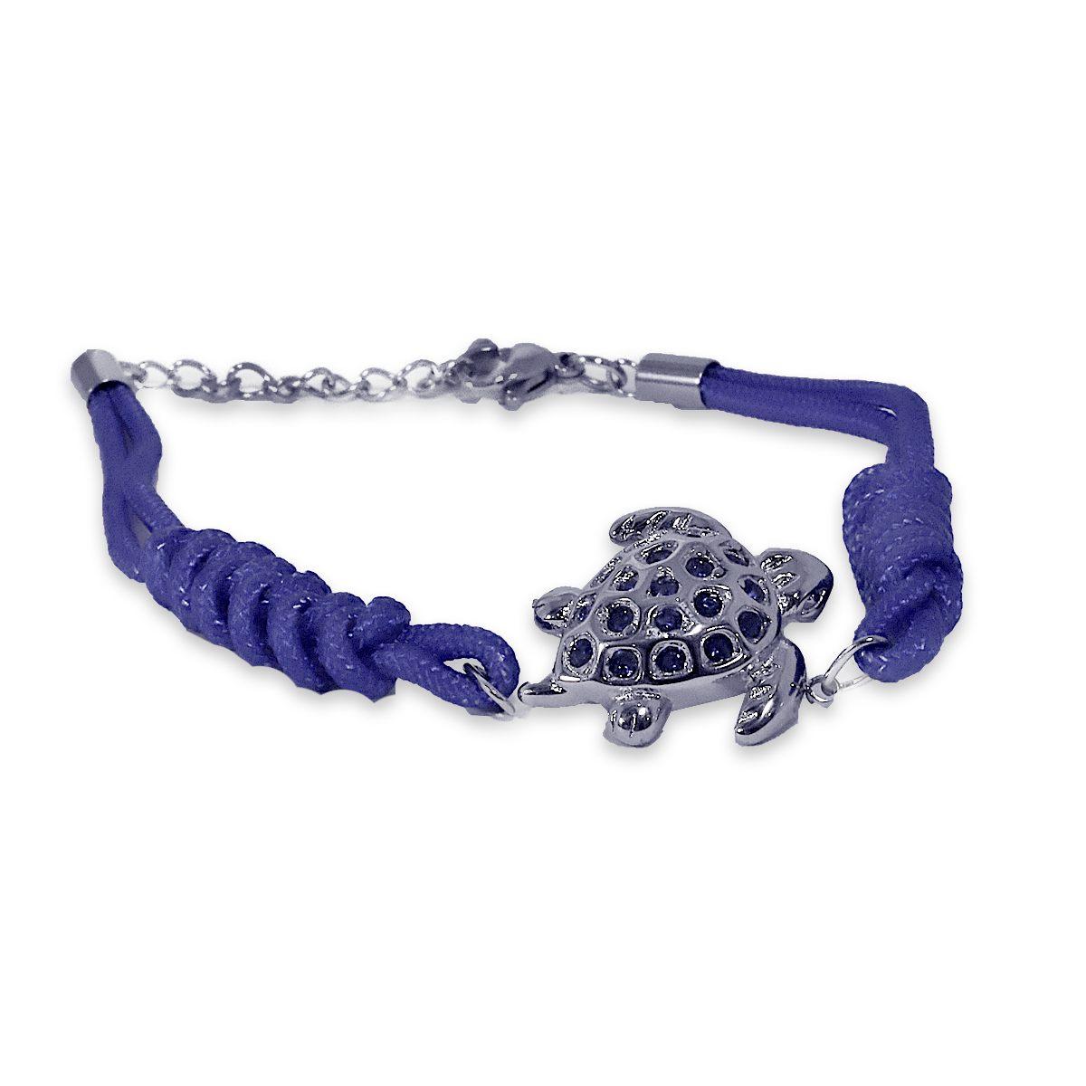 Bracciale con tartaruga in acciaio e corda blu notte